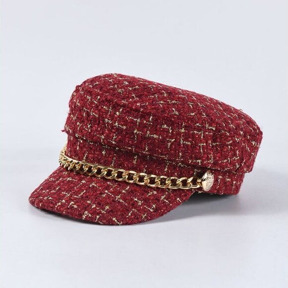 Diona J Women Gatsby Chain Tweed Elegant News Boy Cabbie Fiddler WineRed Cap Hat - Picture 1 of 4